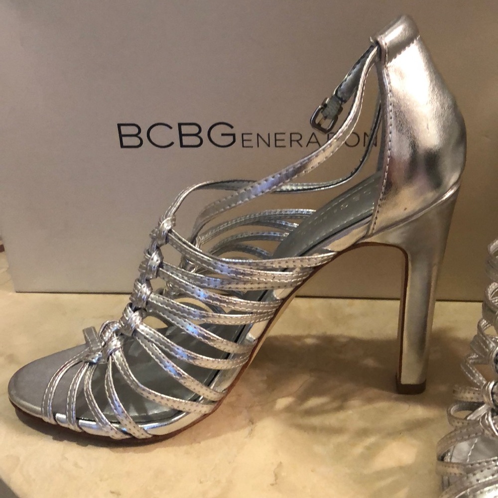 Silver open toe heels 8.5